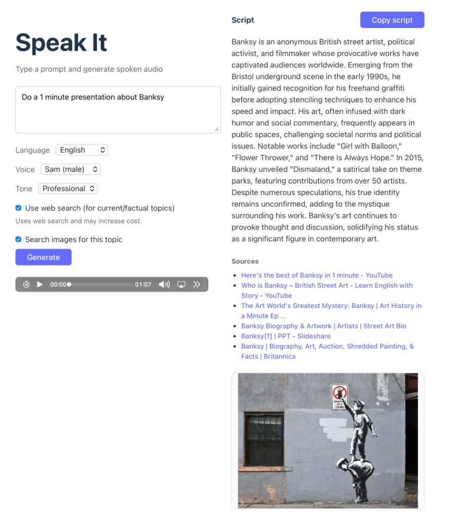Speak It: script, sources, audio player, and image