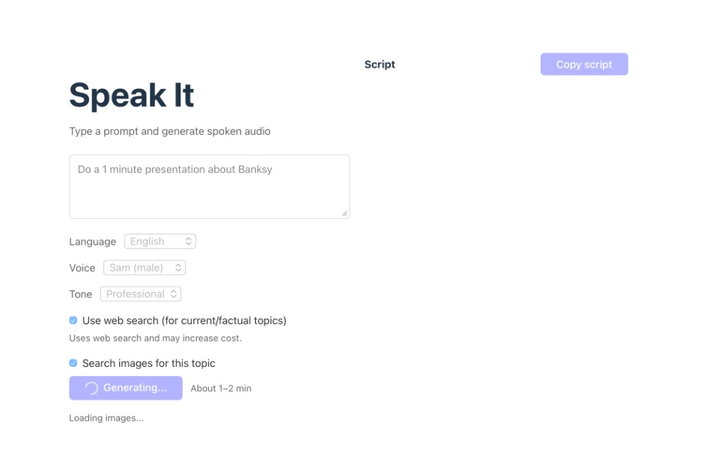Speak It: prompt, language, voice, tone, and generation